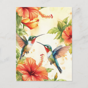 Cartão Postal Aquarela Hummingbird e Flores Design