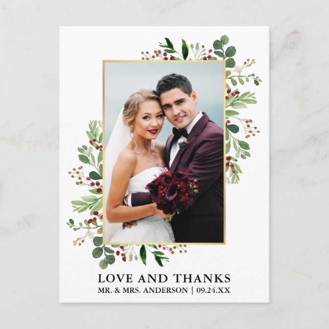 Cartão Postal Aquarela Inverno Verde Obrigados de Amor Dourados (Frente)