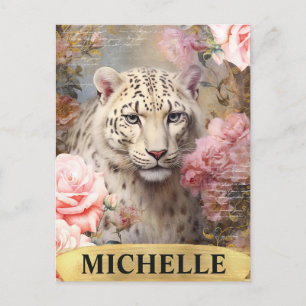 Cartão Postal Aquarela Leopardo Branco Vintage e Rosas Pink