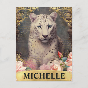 Cartão Postal Aquarela Leopardo Branco Vintage e Rosas Pink