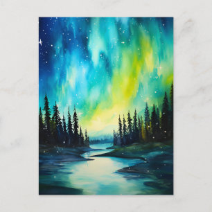 Cartão Postal Aquarela Luzes do Norte aurora boreal