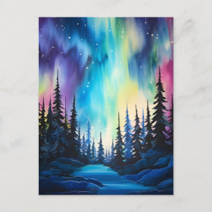 Cartão Postal Aquarela Luzes do Norte aurora boreal 
