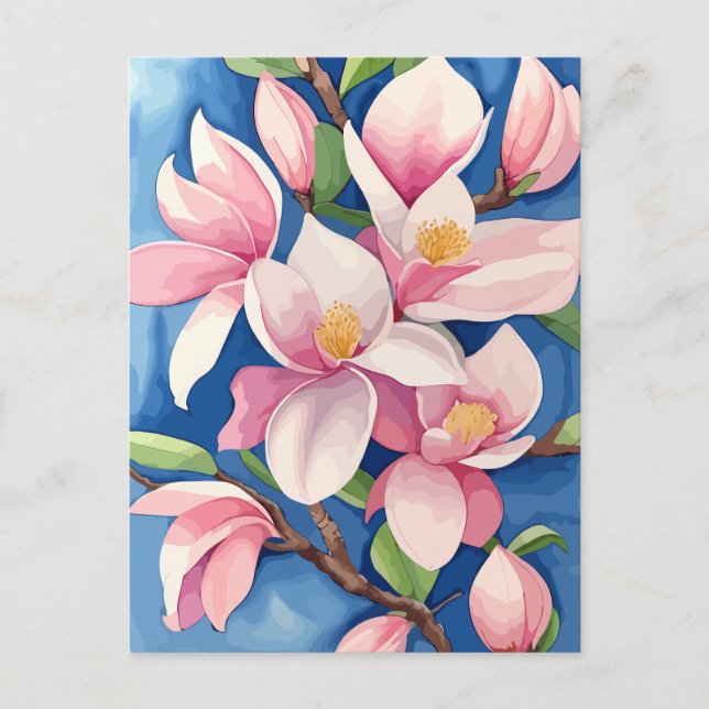 Cartão Postal Aquarela Magnolia Cor-de-rosa florescente (Frente)