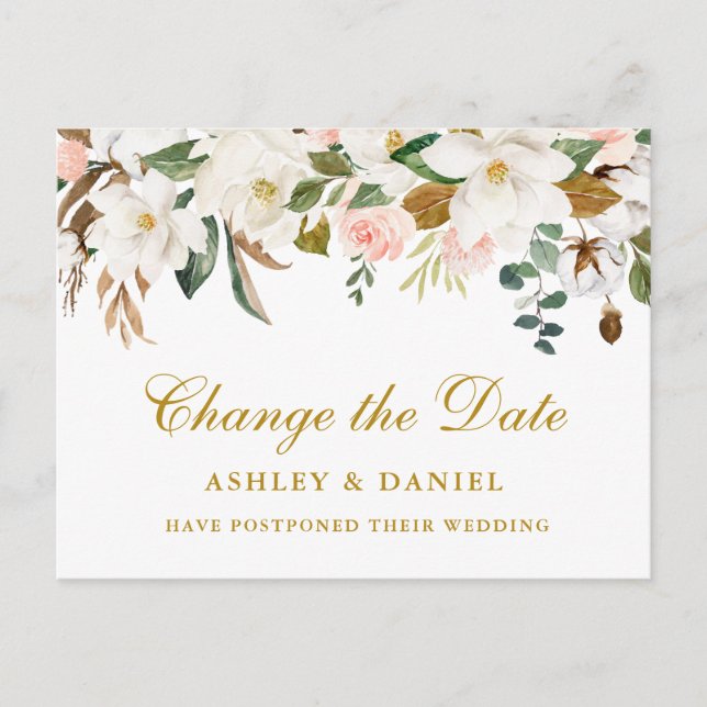 Cartão Postal Aquarela Magnolia Floral Altera A Data Dourada (Frente)