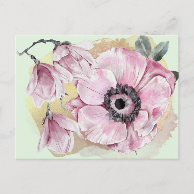 Cartão Postal Aquarela Magnolia Rosa Personalizada (Frente)