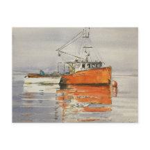 Aquarela Maine Barco de Pesca Oceano Laranja Seren