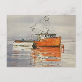 Cartão Postal Aquarela Maine Barco de Pesca Oceano Laranja Seren