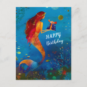 Cartão Postal Aquarela Marinho Azul Profundo Brilho Sereia