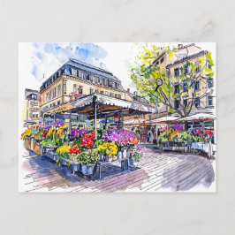Cartão Postal Aquarela Mercado de Berlim Flores de Verão