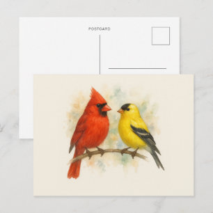Cartão Postal Aquarela Minimalista de Cardinal e Pintassilgo