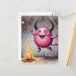 Cartão Postal Aquarela Monstro Rosa Fofo e uma Fogueira
