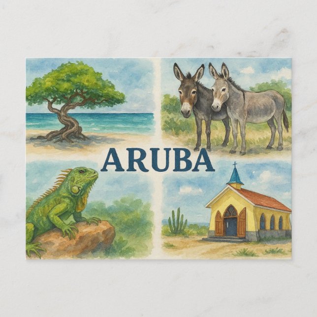 Cartão Postal Aquarela multiview de Aruba (Frente)