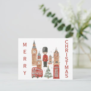 Cartão Postal Aquarela Natal em Londres Ônibus Vermelho, Big Ben