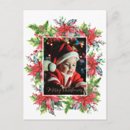 Cartão Postal Aquarela Natal verde com post de poinsettia