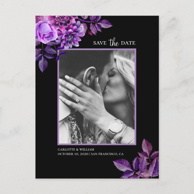 Cartão Postal Aquarela preto e roxo floral Save the Date (Frente)