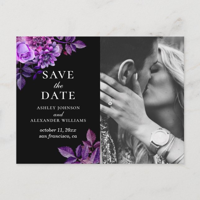 Cartão Postal Aquarela preto e roxo floral Save the Date (Frente)