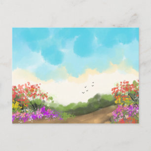 Cartão Postal Aquarela Primavera Natureza Colorida Desenhada à M