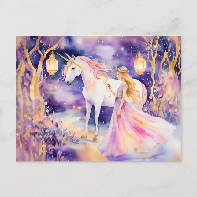 Cartão Postal Aquarela Princesa Linda e Unicórnio (Frente)