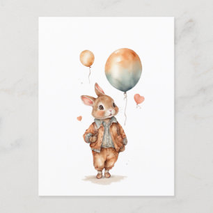 Cartão Postal Aquarela retrô Menino coelho com balões