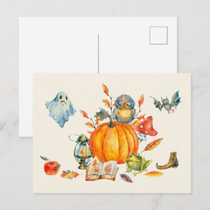 Cartão Postal Aquarela Reunião Fofo Feliz Dia das Bruxas