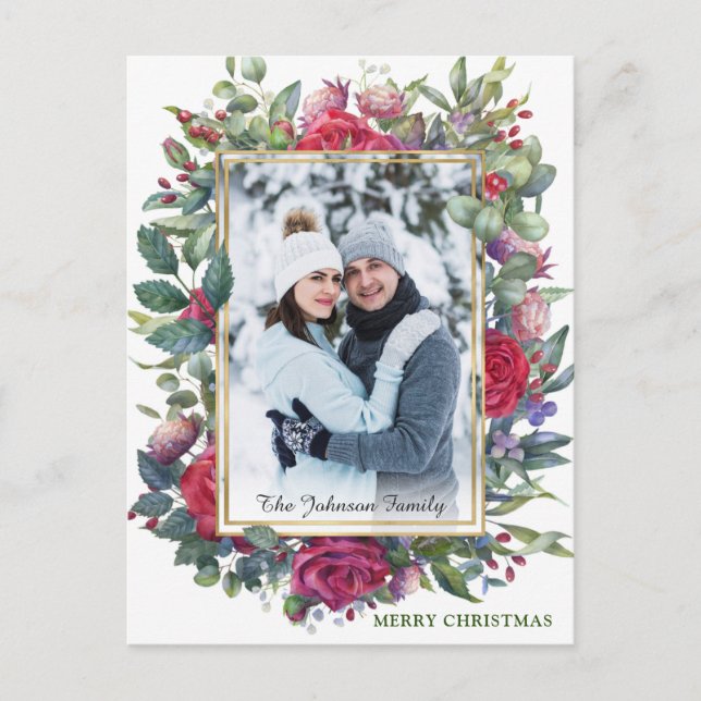 Cartão Postal Aquarela Rosas de inverno Flores Foto de Natal (Frente)
