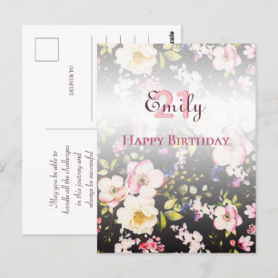 Cartão Postal Aquarela Rosas Rosa e Amarelo em Preto, Aniversári