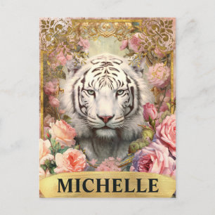 Cartão Postal Aquarela Tigre Branco Vintage e Rosas Pink