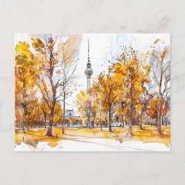 Cartão Postal Aquarela Torre de TV de Berlim Mitte Outono