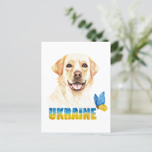 Cartão Postal Aquarela Ucrânia Labrador Amarelo e Borboleta  