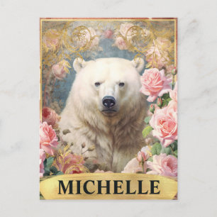 Cartão Postal Aquarela Urso Polar Vintage e Rosas Pink