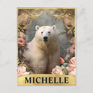Cartão Postal Aquarela Urso Polar Vintage e Rosas Pink