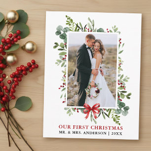 Cartão Postal Aquarela Verde Arco Vermelho Primeiro Natal