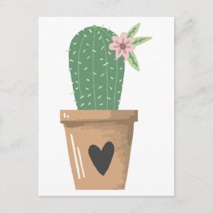 Cartão Postal Aquarela Verde Cactus Flor Coração de Amor