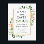 Cartão Postal Aquarela Verde Pêssego Floral Salvar A Data<br><div class="desc">Eucalyptus Greenery Peach Floral Dourado Moldura Moderna Salve O Cartão-Postal De Anúncio Do Noivado De Data</div>