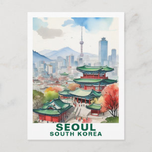 Cartão Postal Aquarela Viagem Arte Seul, Coreia do Sul