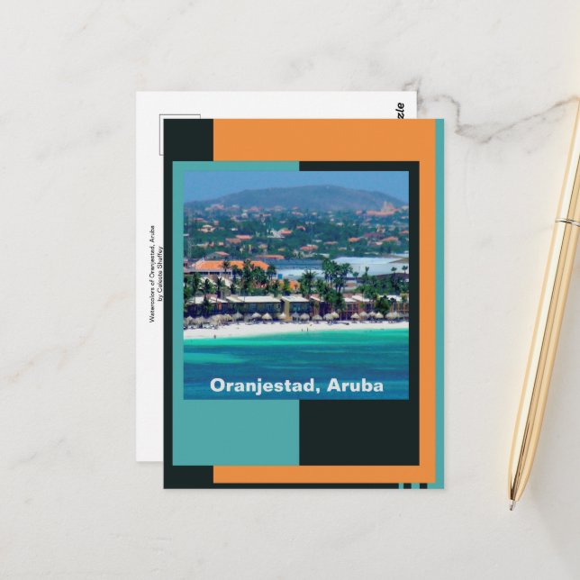 Cartão Postal Aquarelas de Oranjestad, Aruba (Frente/Verso In Situ)