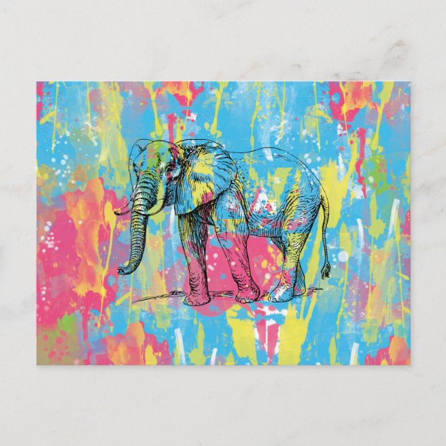 Cartão Postal aquarelas vibrantes splatters esboço elefante (Frente)