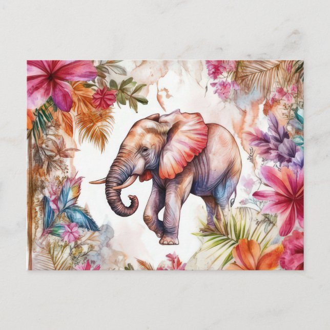 Cartão Postal Aquarell Illustration eines Elefanten im Dschungel (Frente)