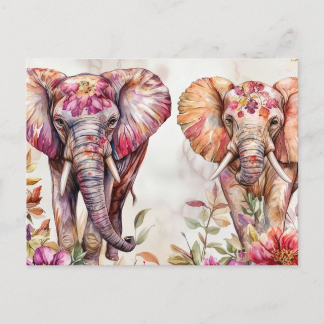 Cartão Postal Aquarell Illustration eines Elefanten mit Blumen (Frente)