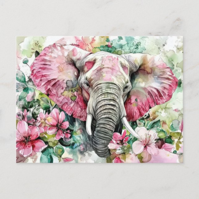 Cartão Postal Aquarell Illustration eines Elefanten mit Blumen (Frente)