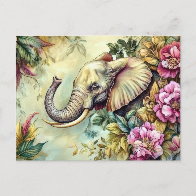 Cartão Postal Aquarell Illustration eines Elefanten mit Blumen (Frente)