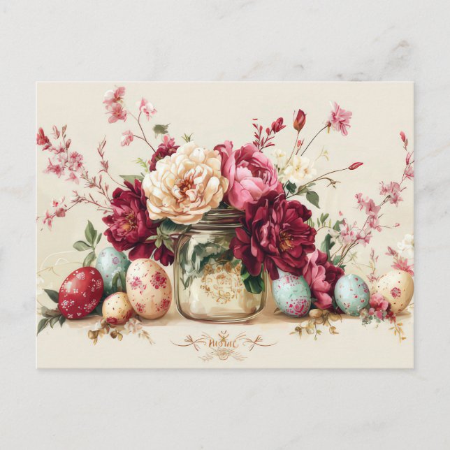Cartão Postal Aquarell Oster Postkarte mit Ostereiern und Blumen (Frente)