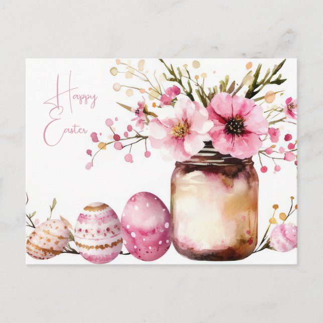 Cartão Postal Aquarell Oster Postkarte mit Ostereiern und Blumen (Frente)