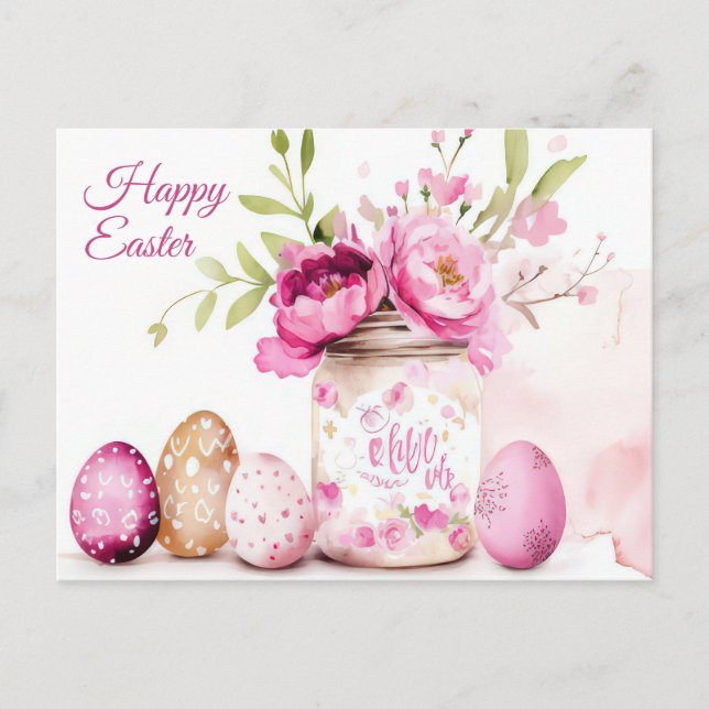 Cartão Postal Aquarell Oster Postkarte mit Ostereiern und Blumen (Frente)