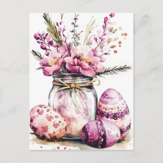 Cartão Postal Aquarell Oster Postkarte mit Ostereiern und Blumen (Frente)
