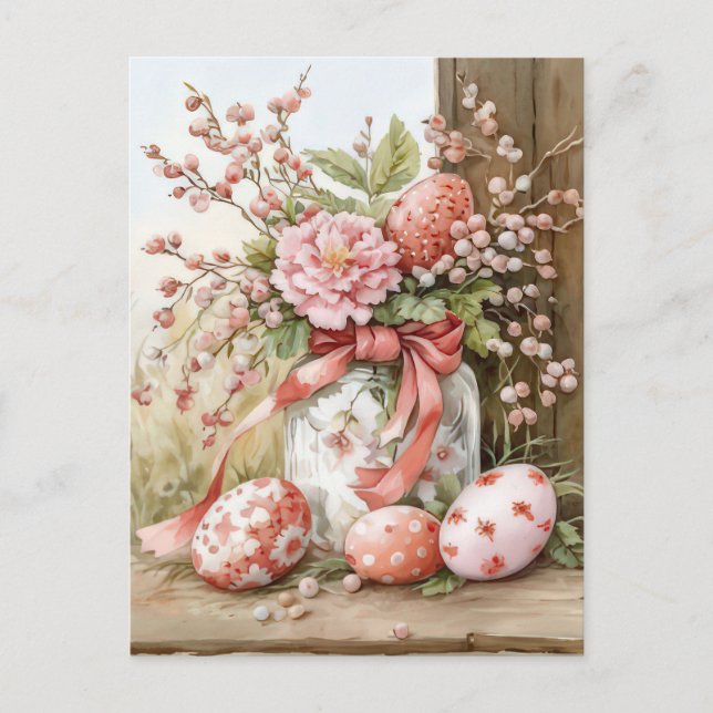 Cartão Postal Aquarell Oster Postkarte mit Ostereiern und Blumen (Frente)