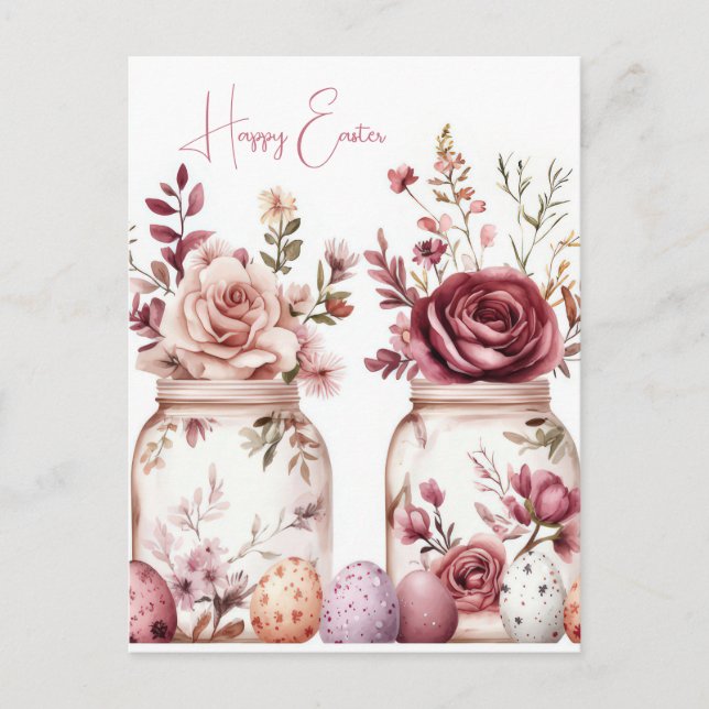 Cartão Postal Aquarell Oster Postkarte mit Ostereiern und Blumen (Frente)