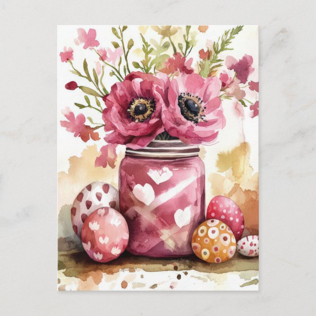 Cartão Postal Aquarell Oster Postkarte mit Ostereiern und Blumen (Frente)