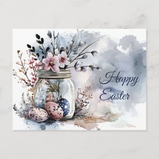 Cartão Postal Aquarell Oster Postkarte mit Ostereiern und Blumen (Frente)