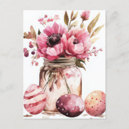 Cartão Postal Aquarell Oster Postkarte mit Ostereiern und Blumen